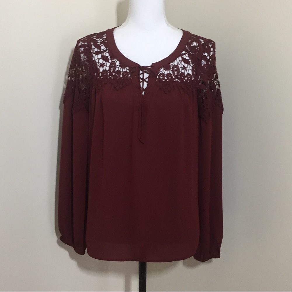 Express Burgundy Embroidered Lace Long Sleeve Blouse Women’s Petite Small